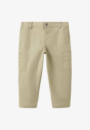 Beige cargobukser med et lige snit, der har to store sidelommer, knaplukning og bæltestropper. Fremstillet af letvægtsstof.