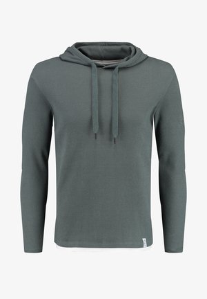 Groene lichtgewicht hoodie met een geweven geribbeld patroon, lange mouwen, verstelbare trekkoorden en contrasterende witte zoomdetail aan de onderkant.