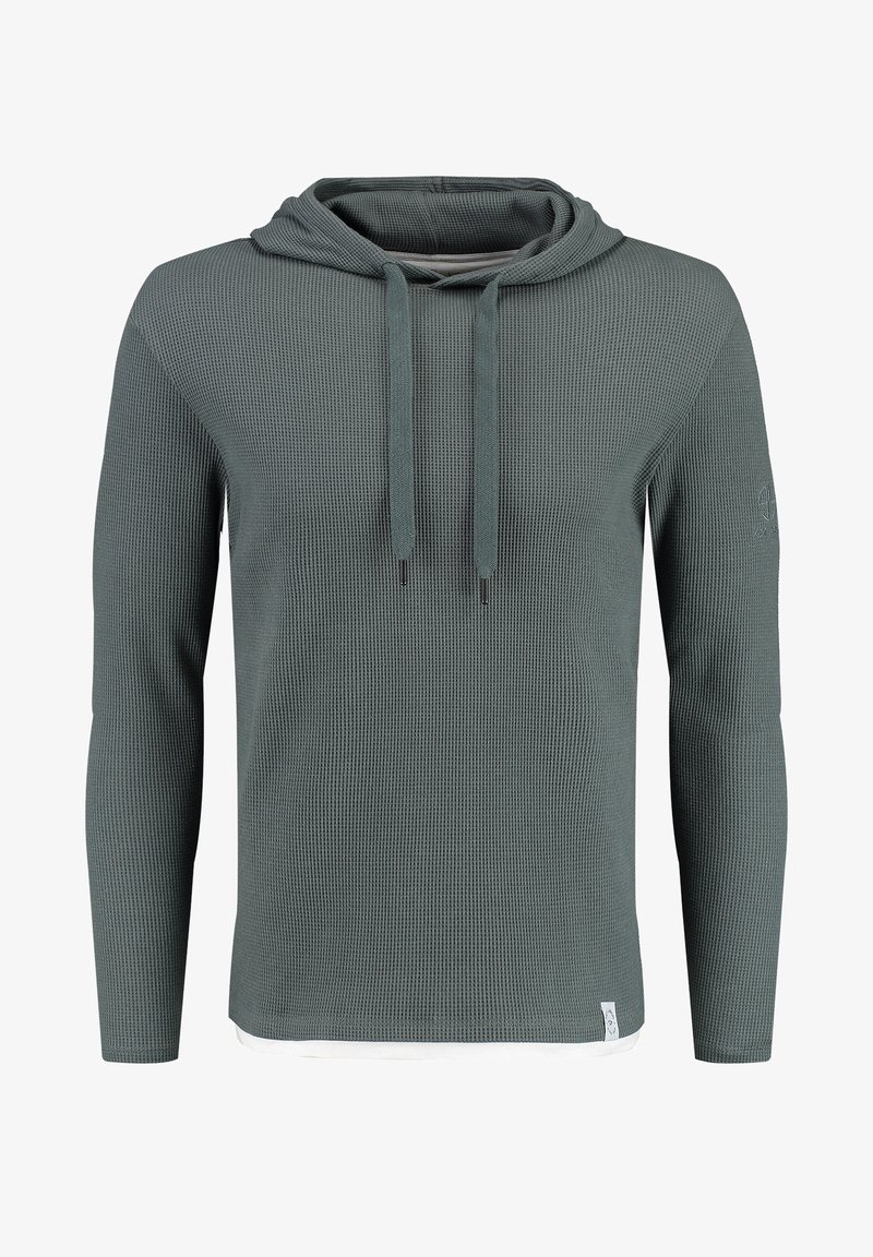 Grüne leichte Kapuzenjacke mit strukturiertem Rippmuster, langen Ärmeln, verstellbarem Kordelzug und kontrastierendem weißen Saumdetail am unteren Rand.