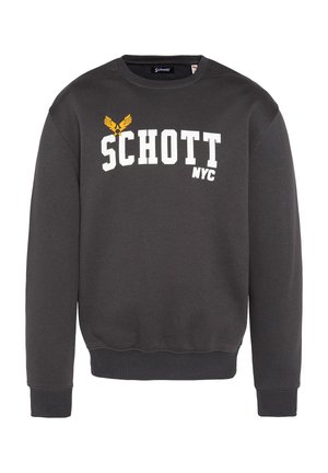 Sudadera gris oscuro con mangas largas, cuello redondo, texto blanco "SCHOTT NYC" y gráfico amarillo. Elaborada con un suave material de mezcla de algodón.