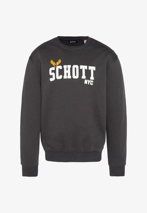 Felpa grigia scura con maniche lunghe, colletto a girocollo, testo bianco "SCHOTT NYC" e grafica gialla. Realizzata in morbido materiale misto cotone.