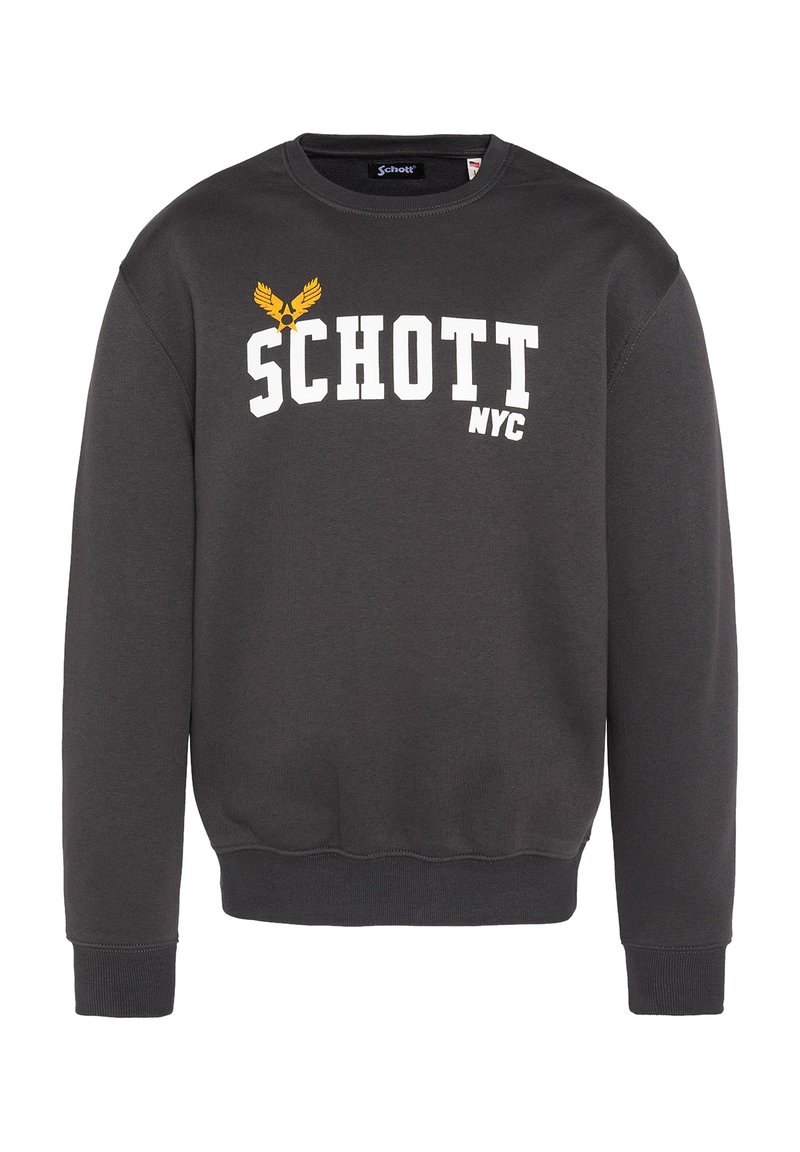 Felpa grigia scura con maniche lunghe, colletto a girocollo, testo bianco "SCHOTT NYC" e grafica gialla. Realizzata in morbido materiale misto cotone.