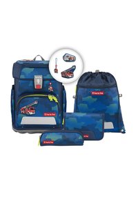 Backpack set featuring a blue camouflage design. Includes a main backpack, drawstring bag, pencil case, and wallet. Accents in lime green.