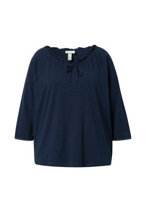 Marineblaue Damenbluse mit dreiviertel Ärmel, gerafftem Rundhalsausschnitt und einer kleinen vorderen Schleife.