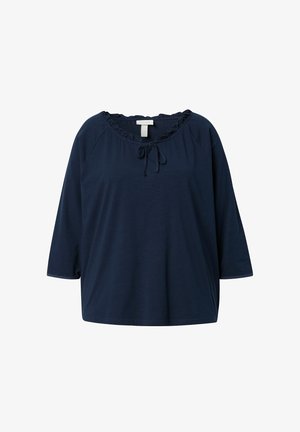 Marineblaue Damenbluse mit dreiviertel Ärmel, gerafftem Rundhalsausschnitt und einer kleinen vorderen Schleife.