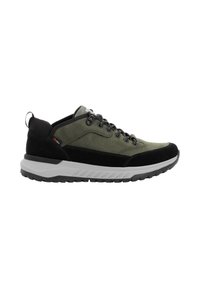 Hiking shoe in green and black materials, featuring a smooth leather upper, lace closure, padded collar, and rubber sole with textured tread.