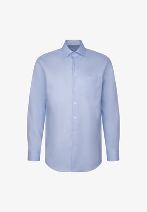Camicia azzurro chiaro a maniche lunghe con colletto button-down, taschino sul davanti e tessuto liscio. Include un delicato motivo a quadri all'interno del colletto.