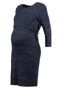 Marinblått, melerat gravidklänning med rund halsringning, trekvartslånga ärmar och justerbart knyt vid midjan för en figurnära look.