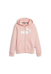 Sudadera con cremallera rosa hecha de tejido suave, con bolsillos tipo canguro, capucha y logo plateado de Puma en la parte frontal.