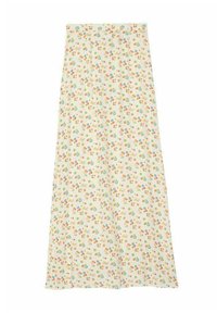 Jupe maxi à imprimé floral en crème léger. Présente de petites fleurs multicolores avec des accents verts, orange et bleus sur un tissu doux et fluide.