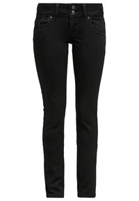 Pantalones vaqueros ajustados negros hechos de denim con una textura suave. Cuenta con un cierre de dos botones y bolsillos frontales. Diseño simple sin patrones visibles.