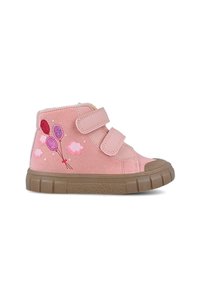 Zapatillas altas de ante rosa con dos correas de velcro, que cuentan con bordados de globos y nubes en un lado, y una suela de goma marrón texturizada.