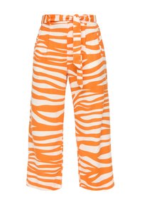 Oranje en wit gestreepte wijde pantalon met een strikriem, gemaakt van lichte stof, met een losse pasvorm en zijzakken.
