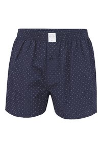 Boxers bleu marine avec des pois blancs, dotés d'une taille élastique, d'un bouton avant unique et d'un tissu en coton léger.