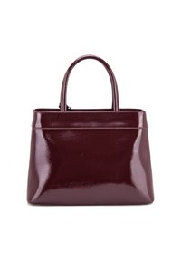 Glanzende bordeaux handtas met dubbele handvatten, rechthoekige vorm, gladde textuur en minimalistisch ontwerp. Bevat geen zichtbare hardware of accenten.