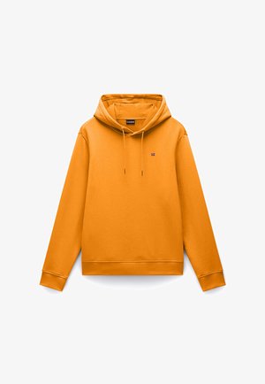 Orange hoodie with a drawstring hood, ribbed cuffs, and hem. Features a small logo on the chest. Made of soft cotton blend material.