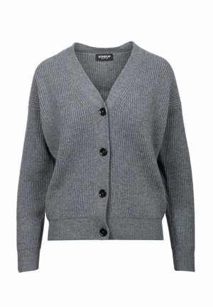 Cardigan grigio a coste in maglia con maniche lunghe, scollo a V e quattro bottoni neri sulla parte frontale, etichettato "DONDUP" all'interno del colletto.