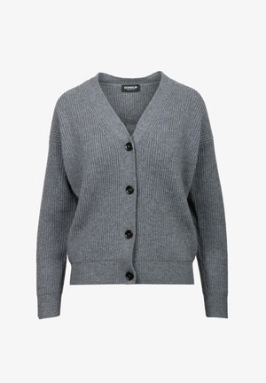Cardigan grigio a coste in maglia con maniche lunghe, scollo a V e quattro bottoni neri sulla parte frontale, etichettato "DONDUP" all'interno del colletto.