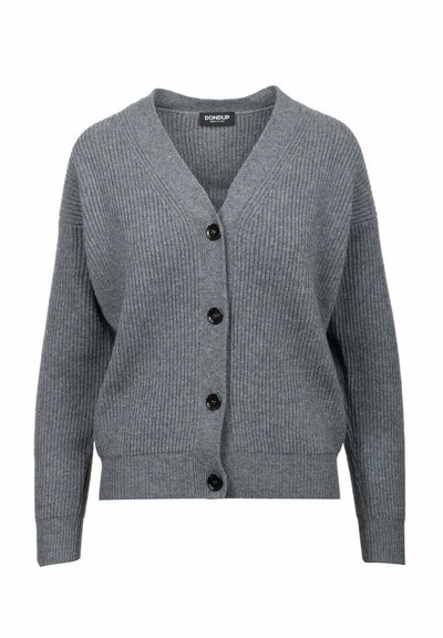 Cardigan grigio a coste in maglia con maniche lunghe, scollo a V e quattro bottoni neri sulla parte frontale, etichettato "DONDUP" all'interno del colletto.