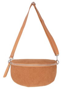 Beige Baumwollcord Crossbody-Tasche mit abgerundeter Form, silbernem Reißverschluss und flachem Ledertragegurt. Verfügt über eine horizontale Rippstruktur.