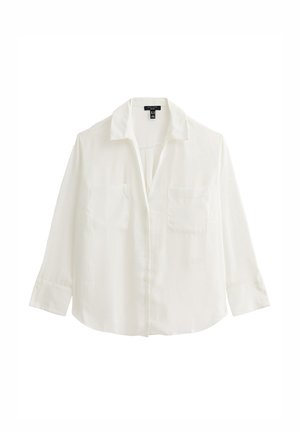 Witte blouse met lange mouwen gemaakt van lichtgewicht stof. Voorzien van een kraag, knoopsluiting aan de voorkant en twee borstzakken.