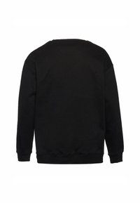 Sort sweatshirt med rund halsudskæring, lange ærmer og et let tekstureret stof. Bagsiden har et enkelt, rent design uden dekorationer.
