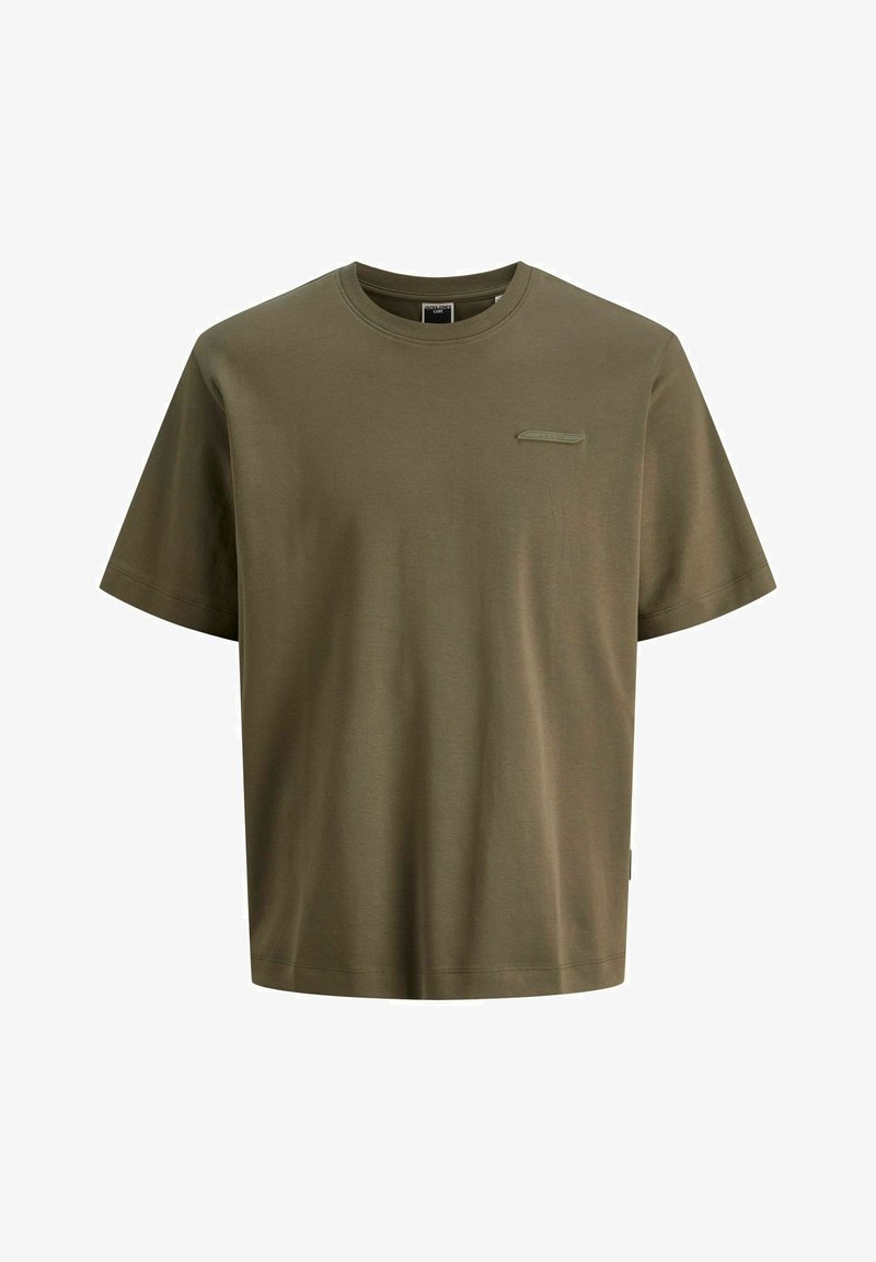 Olivenfarbene Baumwoll-T-Shirt mit Rundhalsausschnitt, kurzen Ärmeln und einem dezenten Logodetail auf der Brust. Glatte Textur, lockere Passform.