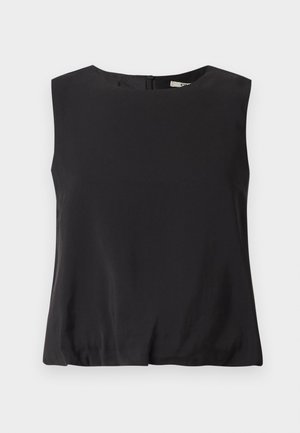 Juodas be rankovių viršus, pagamintas iš lygaus audinio, su apvalia iškirpte ir užtrauktuku nugaros dalyje užsegimui. Paprastas dizainas be raštų.