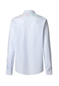 Camicia a maniche lunghe a righe blu chiaro e bianco con colletto button-down, caratterizzata da un orlo curvo e polsini con bottoni. Tessuto di consistenza liscia.
