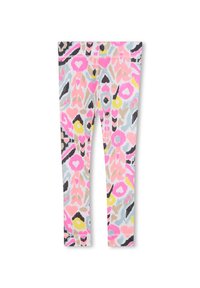 Leggings per bambini con un motivo astratto di forme rosa, gialle, nere, beige e azzurro chiaro su uno sfondo bianco.