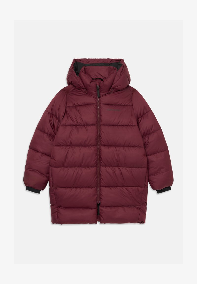 Jachetă de iarnă pentru copii, de culoare vișinie, cu umplutură, glugă, fermoar frontaș și manșete interioare negre, așezată plat pe un fundal alb.