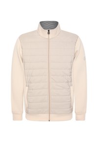Beige bunda se zipem na přední straně, s prošívaným tělem a texturovanými rukávy. Stojáčkový límec se pruhovanou podšívkou.