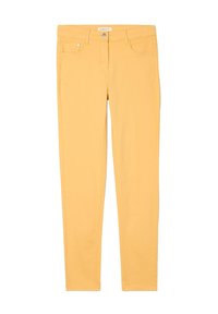 Pantalons en denim stretch jaune avec un design à cinq poches, jambe droite et coutures contrastantes. Fermeture à bouton à la taille, texture douce.