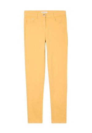 Pantaloni in denim elasticizzato giallo con design a cinque tasche, gamba dritta e cuciture a contrasto. Chiusura con bottone in vita, texture morbida.