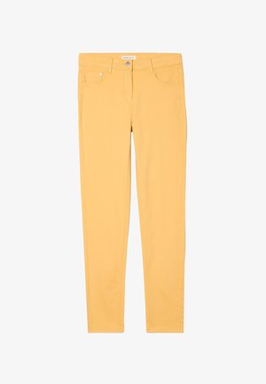 Pantaloni in denim elasticizzato giallo con design a cinque tasche, gamba dritta e cuciture a contrasto. Chiusura con bottone in vita, texture morbida.