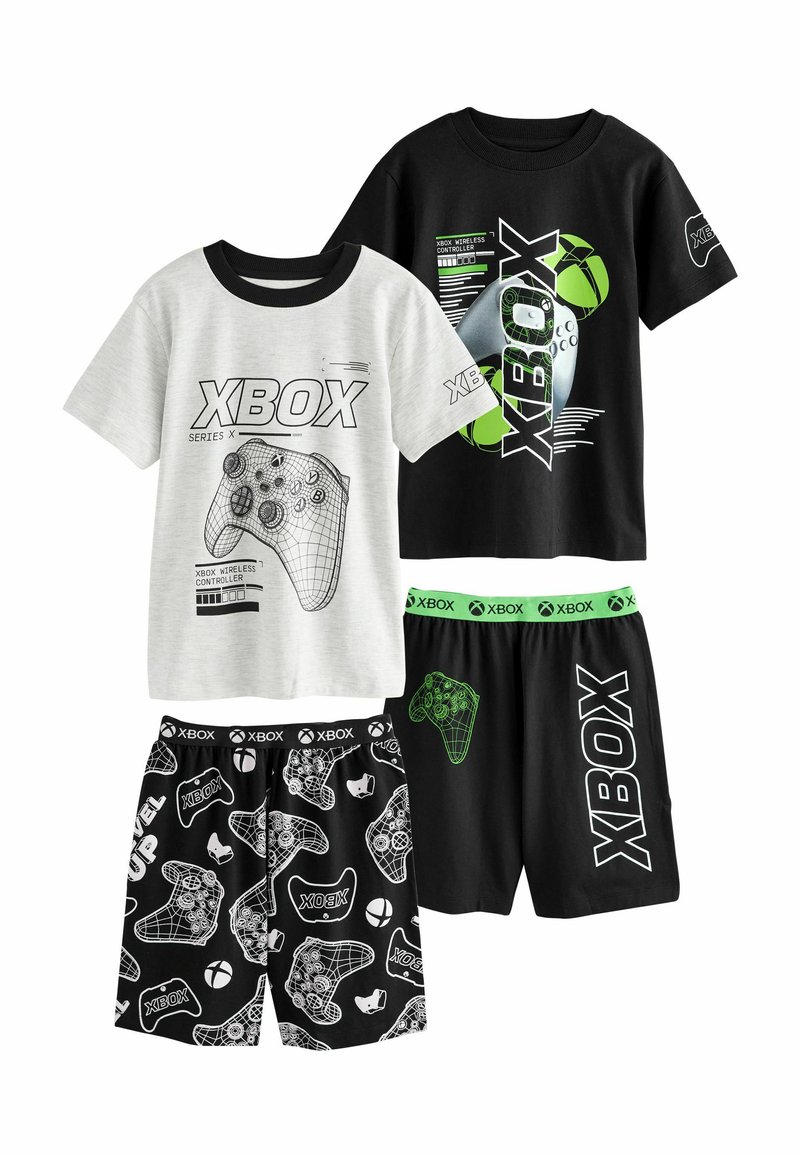 Two short-sleeve T-shirts: grey with black Xbox controller graphic, black with green accents and Xbox logo; matching shorts with black Xbox designs.