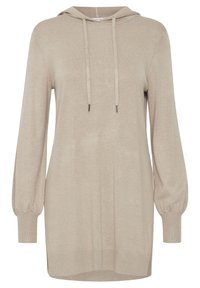 Sweatshirt à capuche beige en maille, avec des manches longues, des poignets côtelés et une coupe décontractée, présentant des cordons de serrage avec des embouts en métal.