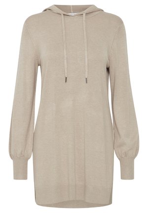 Beige stickad hoodies med långa ärmar, ribbade muddar och en avslappnad passform, med dragsnören med metallspetsar.
