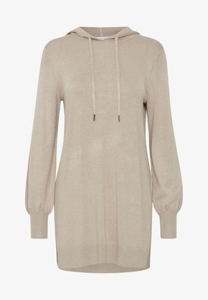 Beżowy sweter z kapturem, wykonany z dzianiny, z długimi rękawami, ściągaczami na mankietach i luźnym krojem, z sznurkiem zakończonym metalowymi końcówkami.