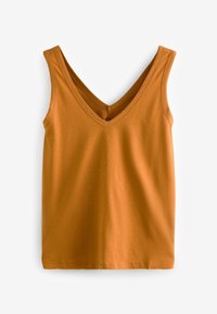 Ärmelloses, senfgelbes Baumwoll-Top mit V-Ausschnitt und breiten Trägern, flach auf weißem Hintergrund liegend.