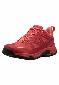 Zapatillas deportivas rojas con parte superior de malla, puntera de goma reforzada y suela negra. Las características incluyen acentos texturizados y detalles reflectantes.