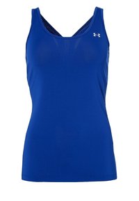 Top sportivo azzurro con tessuto leggero e traspirante, dotato di un design in rete. Ha una scollatura a V e una vestibilità normale con dettaglio del logo.