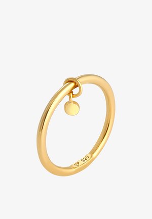 Gold-colored ring with a smooth, round design, featuring a small dangling accent. Marked with "925" for sterling silver content.