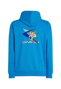 Sweatshirt à capuche bleu avec une poche kangourou à l'avant, présentant un design graphique d'une silhouette musclée et le texte "O'Neill" au dos.