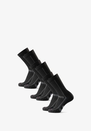 Schwarze kniehohe Socken mit geripptem Muster, reflektierenden grauen Akzenten und gepolsterten Sohlen. Fünf Paare nebeneinander präsentiert.