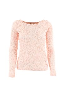 Blusa a maniche lunghe in morbido tessuto rosa con un motivo floreale testurizzato, caratterizzata da un colletto rotondo e una silhouette slim-fit.