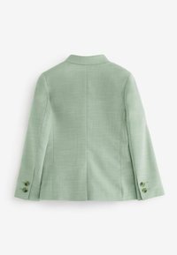 Blazer verde chiaro con una texture liscia, rever a punta singola e due bottoni decorativi sui polsini. Retro semplice con linee pulite.