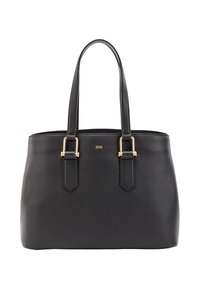 Sac fourre-tout en cuir noir à texture granuleuse, avec des éléments en métal doré et deux poignées plates. Présente une forme structurée et un design minimaliste.