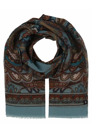Sciarpa rettangolare con intricati motivi paisley in tonalità terrene, con accenti blu e bordi frangiati, realizzata in tessuto leggero.