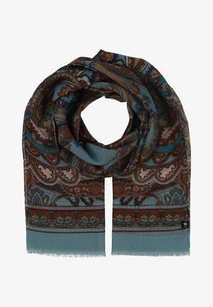 Écharpe rectangulaire ornée de motifs paisley complexes aux tons terre, avec des accents bleus et des bords en franges, fabriquée en tissu léger.